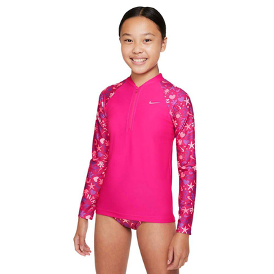 Girls fun forest long-sleeve zip hydroguard, Hot Pink, medium