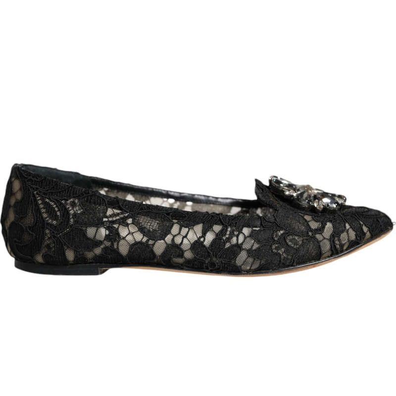 Black lace crystal ballet flats loafer shoes-null