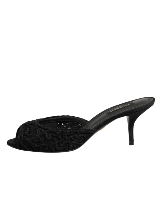 Black embroidered slip on heels slides shoes-null