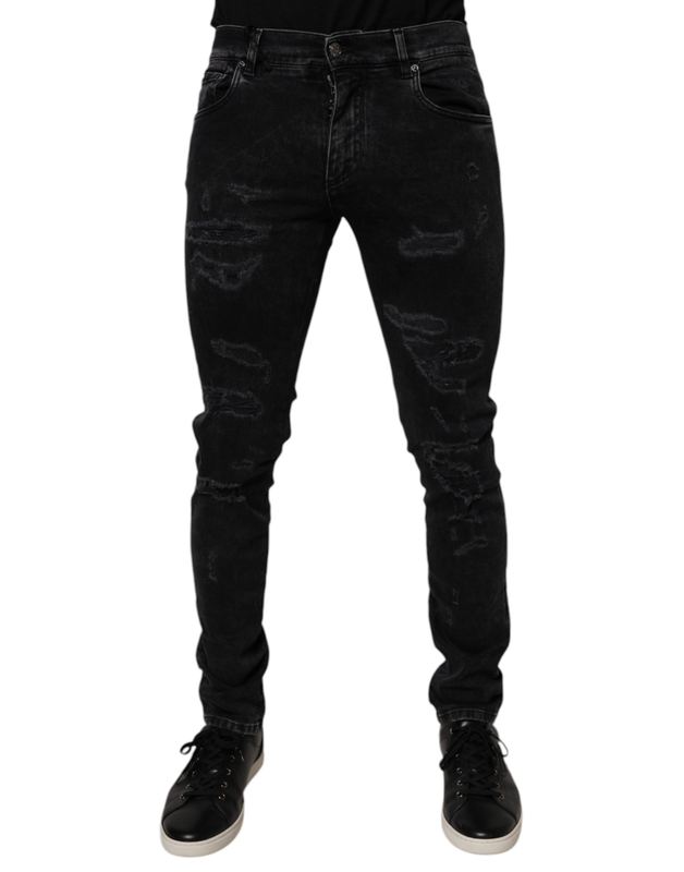 Black tattered cotton skinny men denim jeans-null