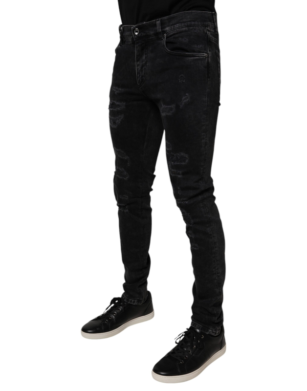 Black tattered cotton skinny men denim jeans-null