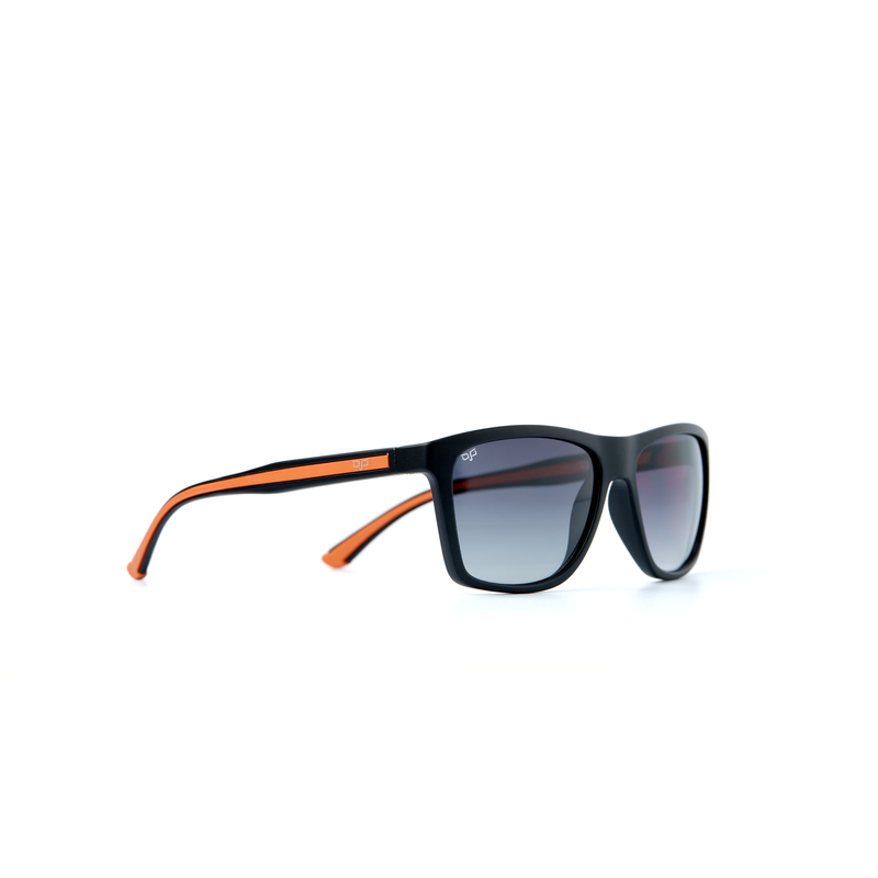 OJO sunglasses man square matte black frame and black orange temples with grey gradient lenses rx-null