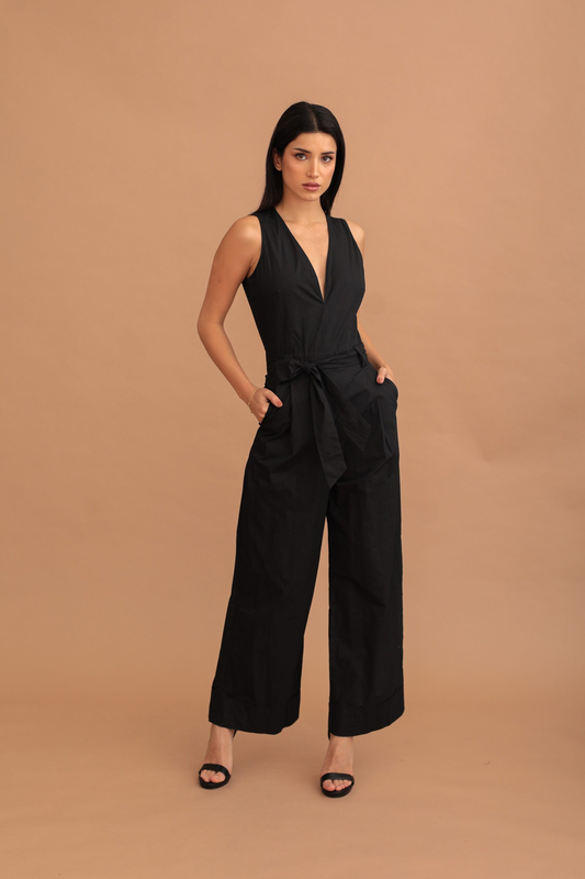 Lucia slit-back cotton jumpsuit - black-null