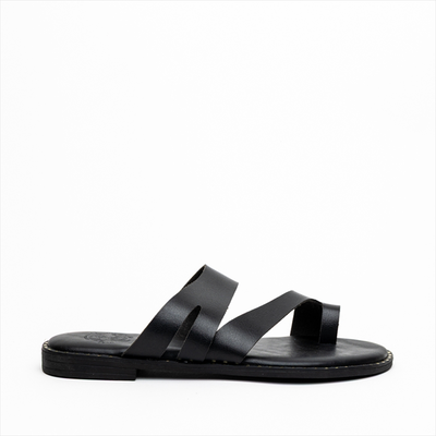 Athenais asymmetrical strap toe flat slider sandals with decorative sole, Black, medium