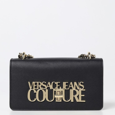 Versace jeans saffiano large logo buckle shoulder bag, Black, medium