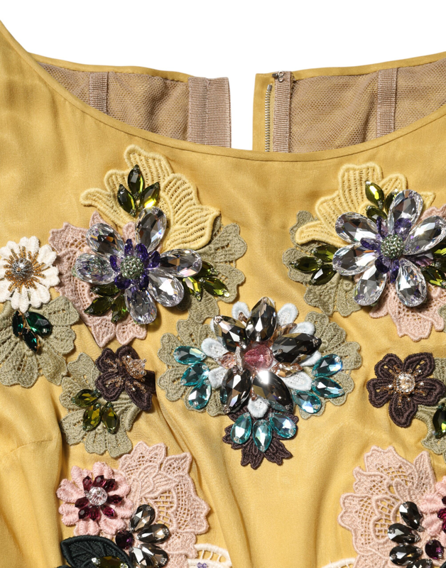 Yellow silk floral embroidered maxi dress-null