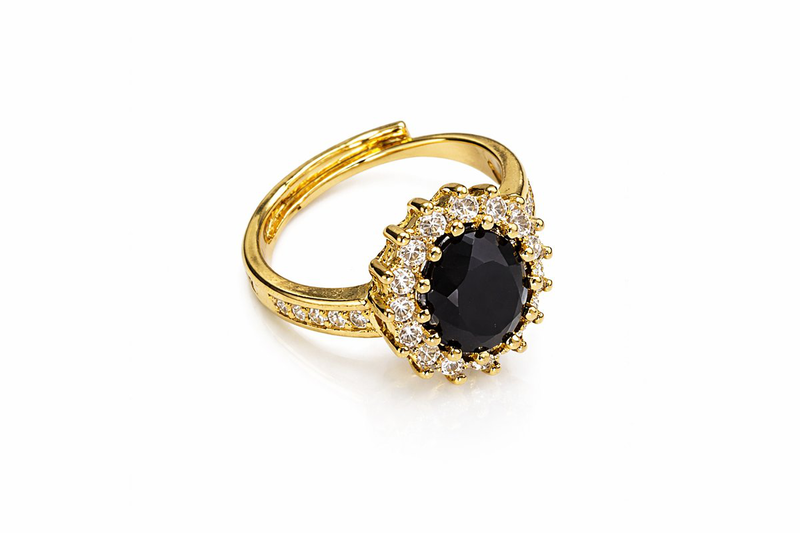 Gold stainless steel ring with black oval crystal-null