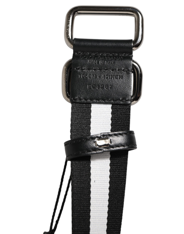 Black white striped logo metal buckle belt-null