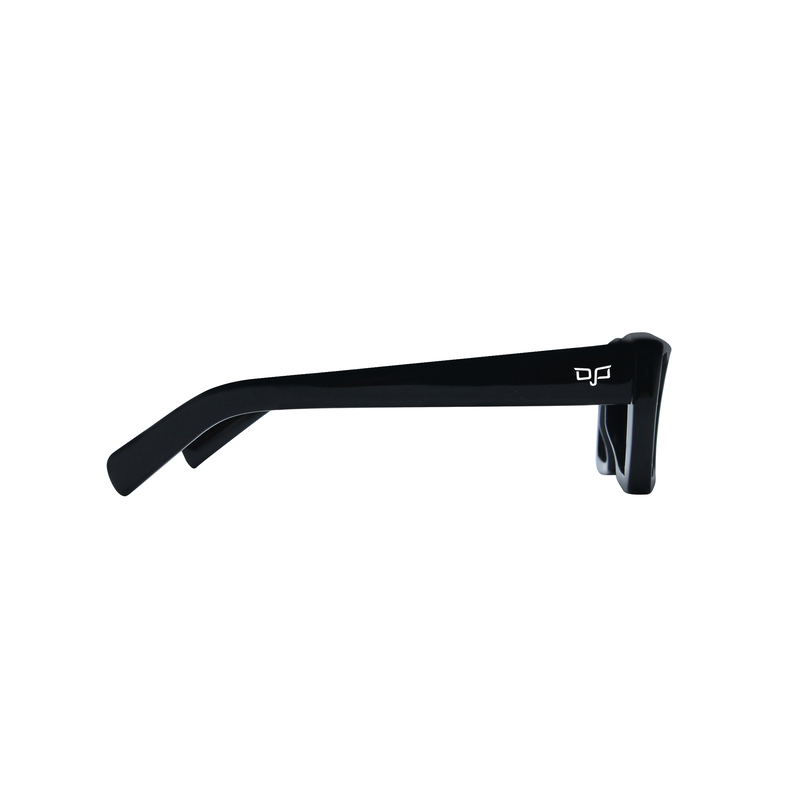 OJO sunglasses square handmade black frame and temples with nylon blue polarised lenses image number null