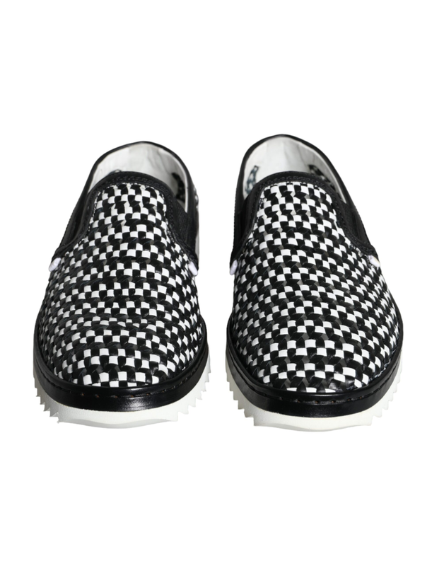 Black white weaved slip on men loafers shoes-null