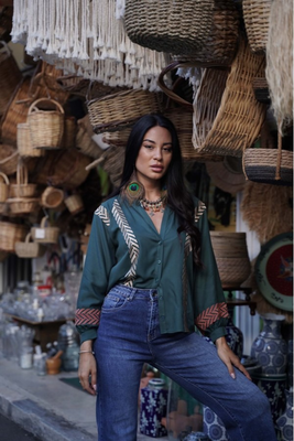 Boho shirt by donna martha - green cypress , l, Green Cypress, medium