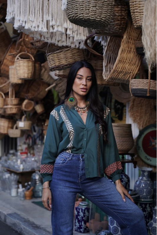 Boho shirt by donna martha - green cypress , l-null