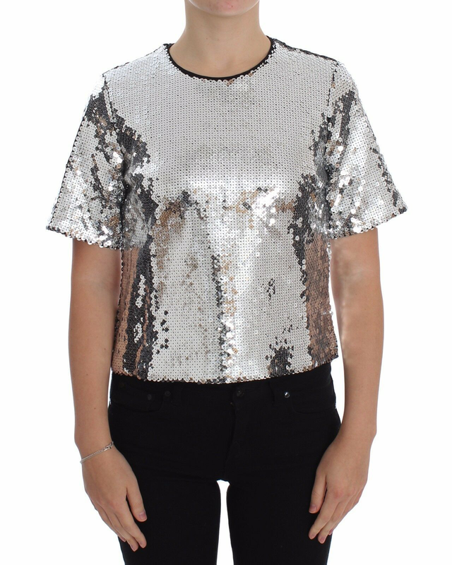 Silver sequined crewneck blouse t-shirt top-null