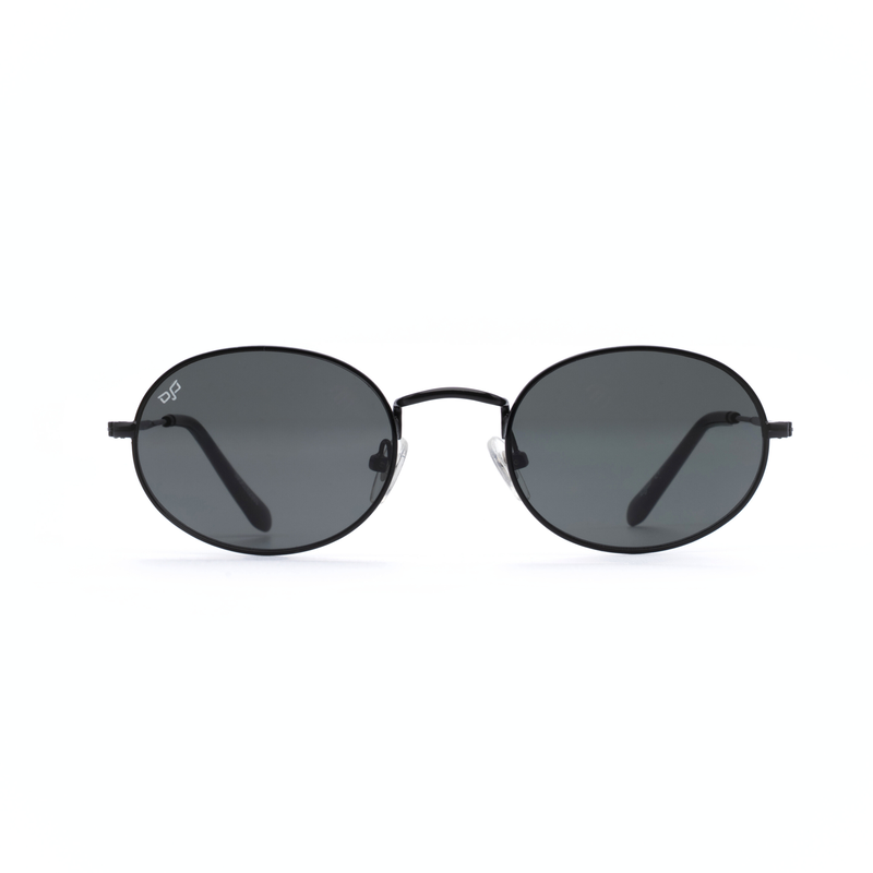 OJO trend sunglasses oval black frame and temples and grey black lenses rx-null