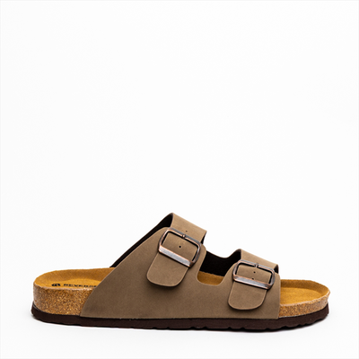 Reverse slider sandal with buckle detail on straps breathable comfort footbed with shock absorber, Brown, medium