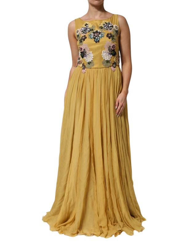 Yellow silk floral embroidered maxi dress-null
