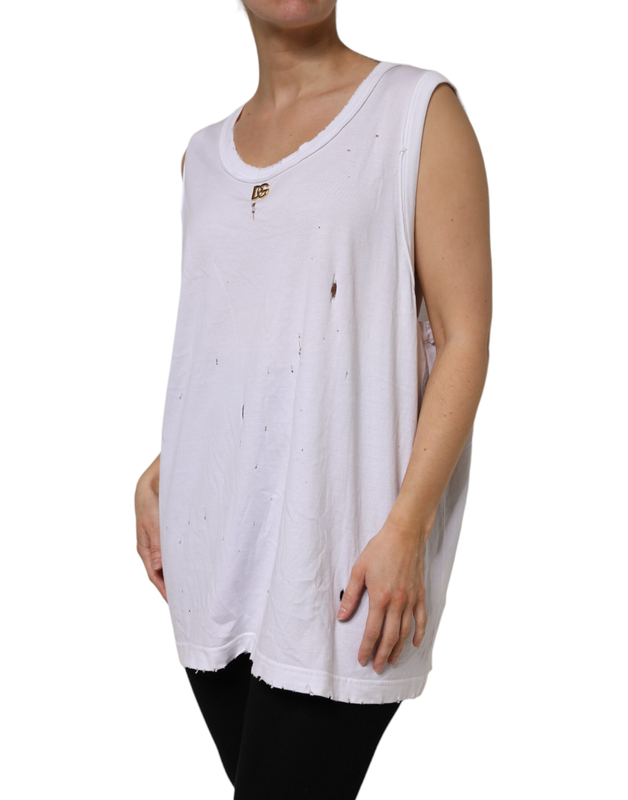 White cotton sleeveless round neck tank top-null