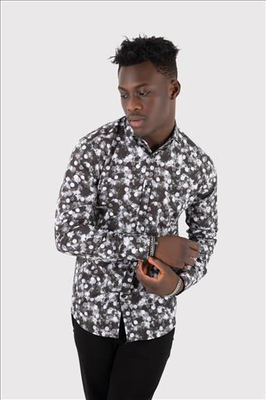 Stefan abstract print textured shirt, Black, medium