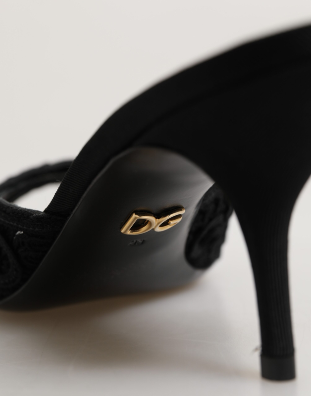 Black embroidered slip on heels slides shoes-null
