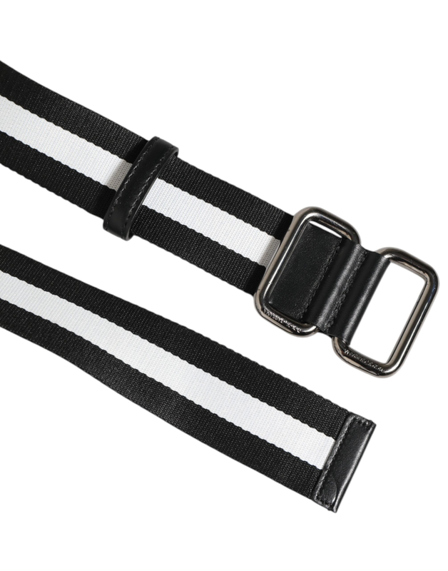 Black white striped logo metal buckle belt-null