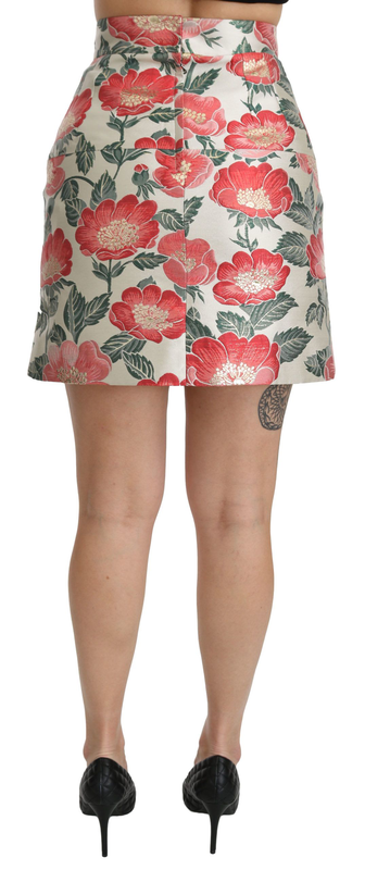 White green red floral high waist mini skirt-null