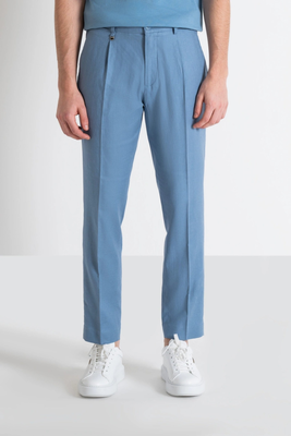 Trousers gustaf carrot fit linen, Dusty Blue, medium