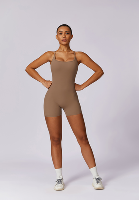 Amor short jumpsuit with deep x-back, Brown, medium