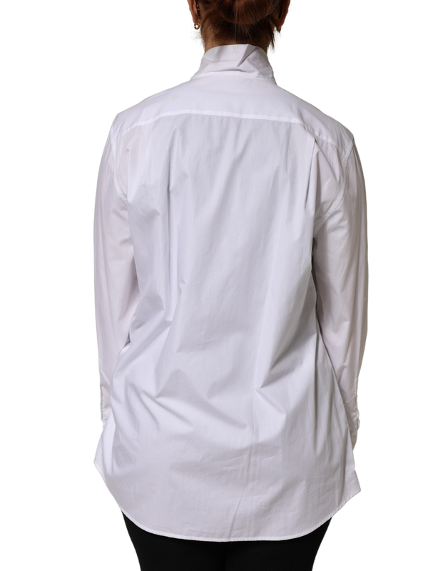 White cotton bow tie long sleeves blouse top-null