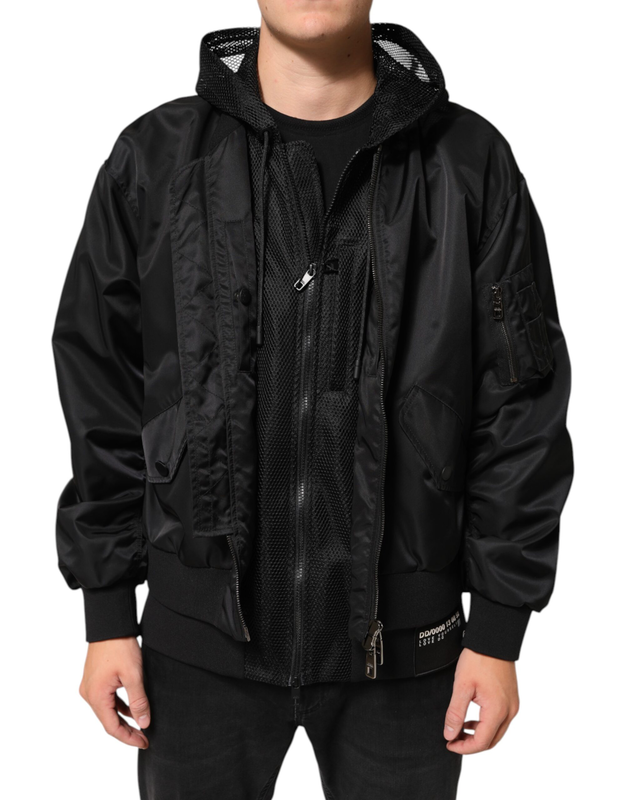 Black nylon hooded full zip bomber men jacket-null