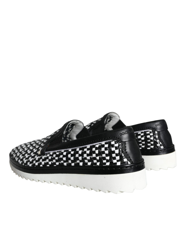 Black white weaved slip on men loafers shoes-null