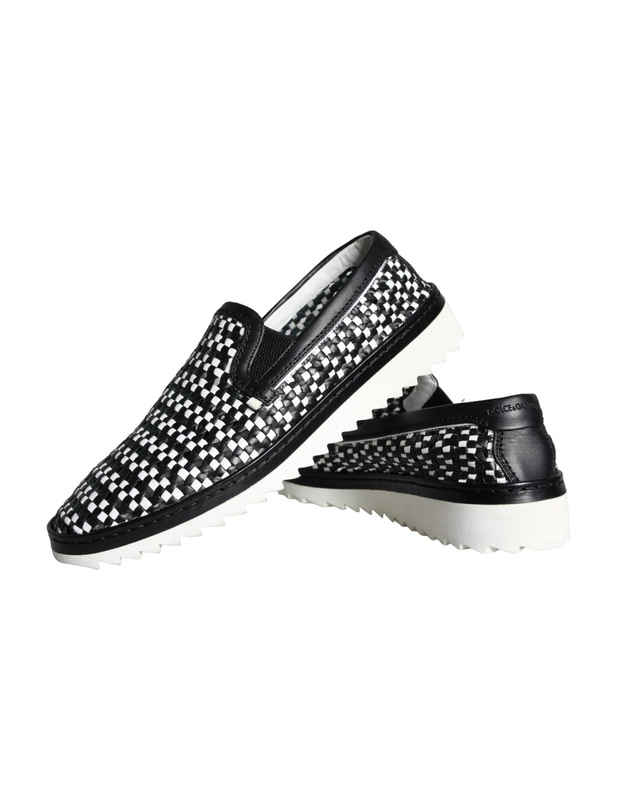Black white weaved slip on men loafers shoes-null
