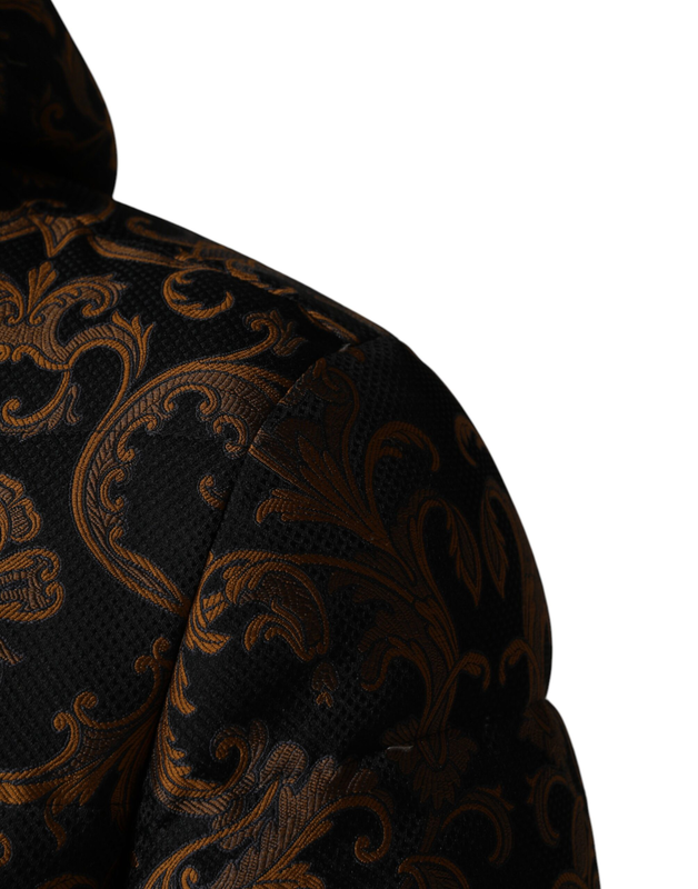 Black floral jacquard quilted hooded jacket-null