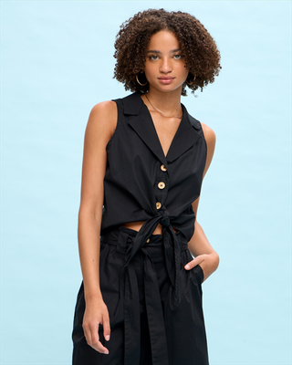 Shirt cotton tie front, Black, medium