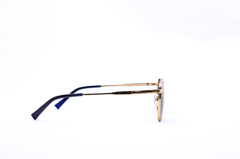 OJO sunglasses square gold frame and temples with polarised bluish grey lenses rx-null