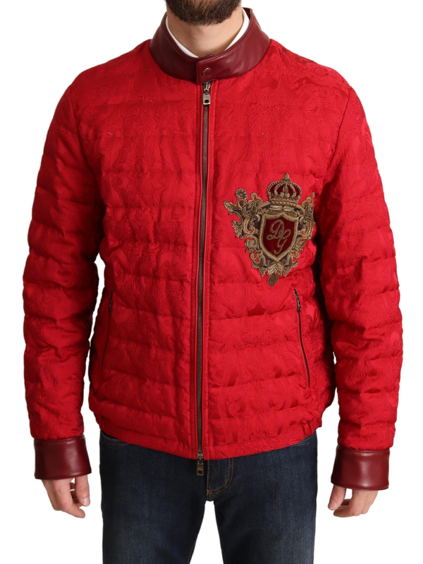 Red brocade bomber gold crown logo coat jacket-null