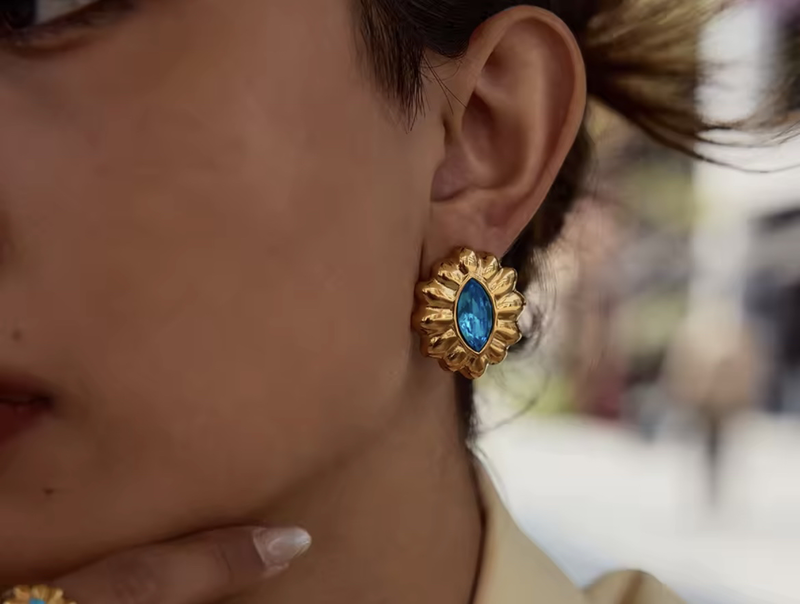 18k gold color stainless steel earrings - blue zircon-null