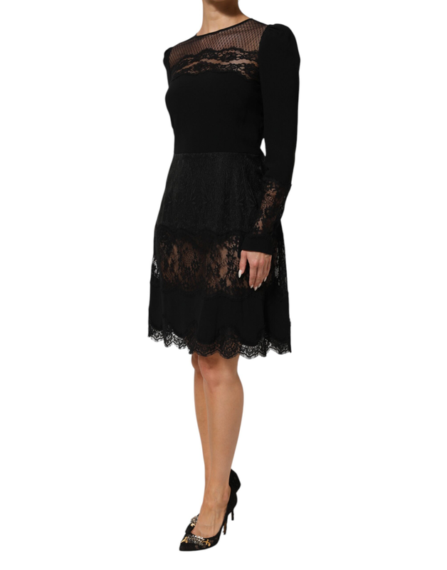 Black floral lace trim sheath a-line dress-null