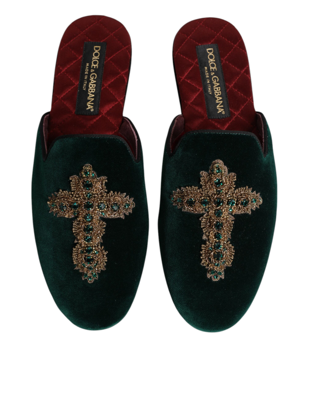 Green velvet cross embellished slippers shoes-null