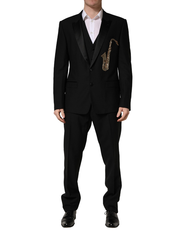 Black wool silk saxophone slim fit 3pc suit-null