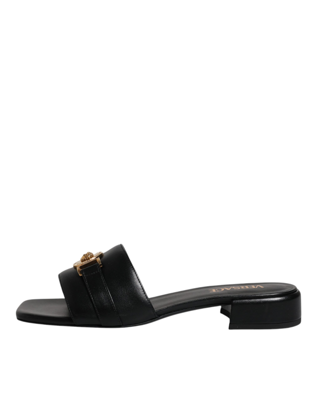 Black leather logo plaque slip on slides flats shoes-null