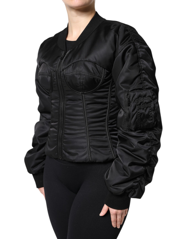 Black nylon full zip bustier corset jacket-null