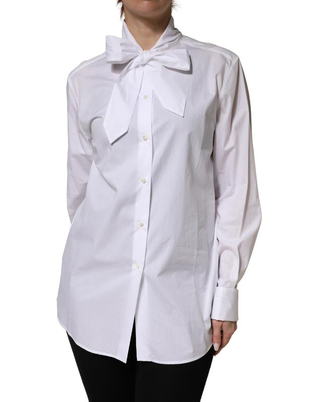 White cotton bow tie long sleeves blouse top-null