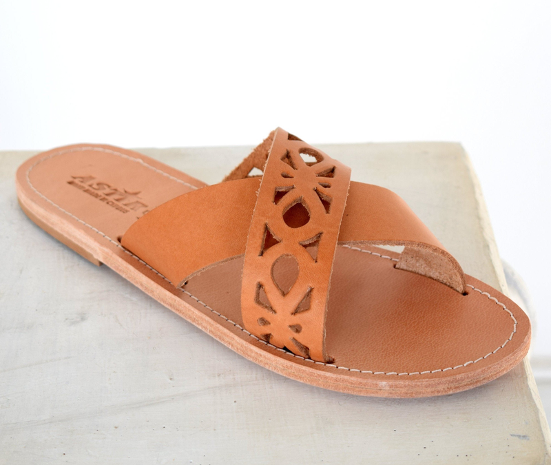 Ancient greek leather sandals, greek women slide sandals, leather sandals-null