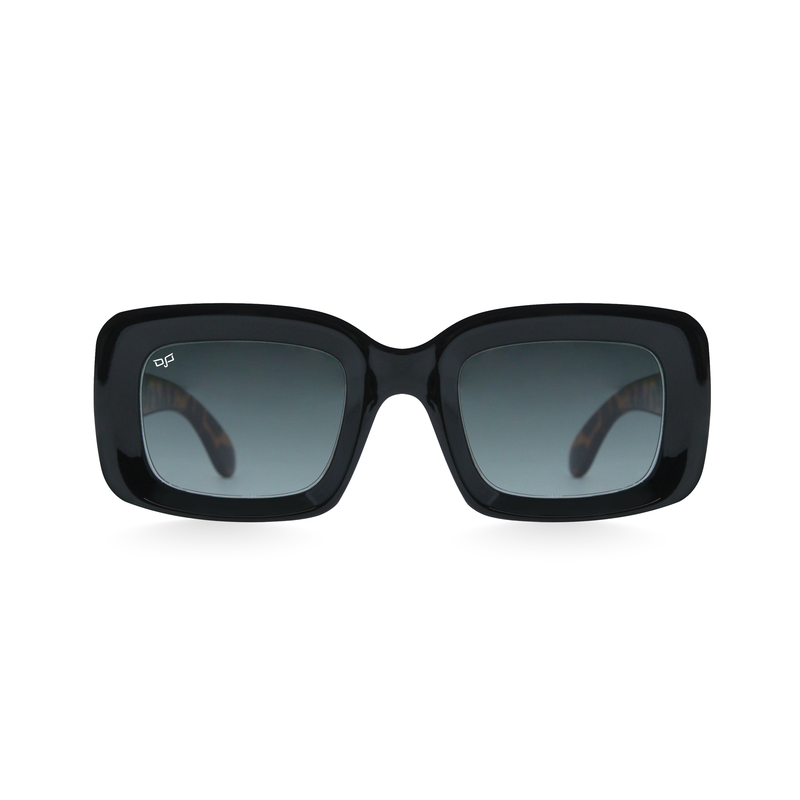 OJO sunglasses square with black frame and shell brown temples with grey gradient lenses rx-null