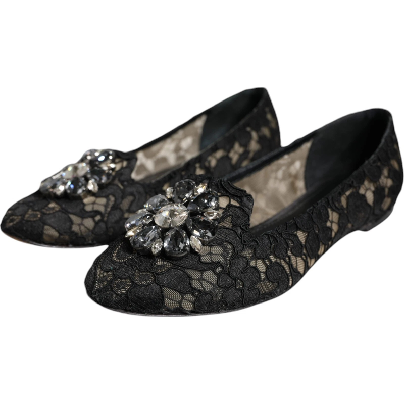 Black lace crystal ballet flats loafer shoes-null