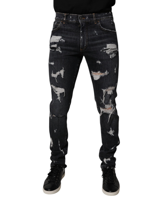 Black tattered cotton skinny men denim jeans-null