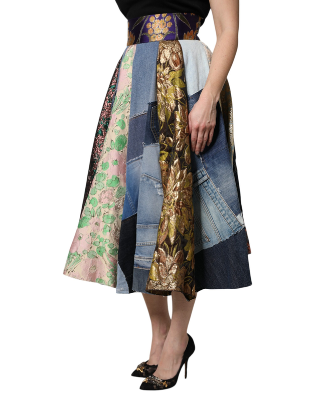 Multicolor patchwork high waisted midi skirt-null