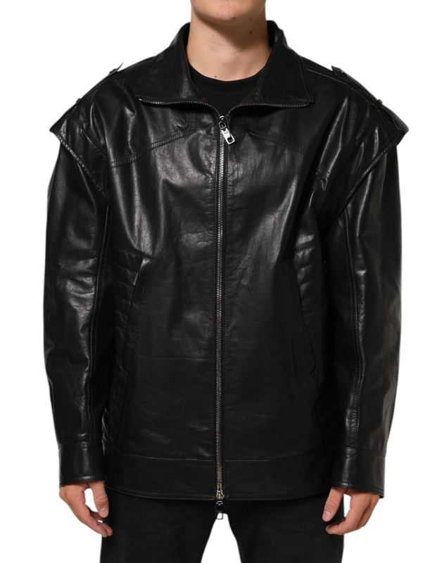 Black leather full zip biker blouson jacket-null