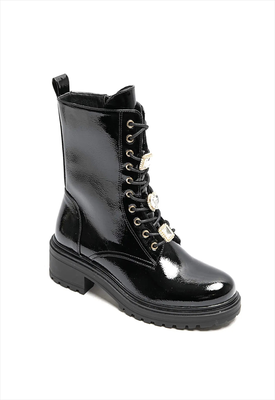 Lace up patent boots, Black, medium