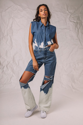 No thinkin bella ripped contrast jeans, Light Blue, medium